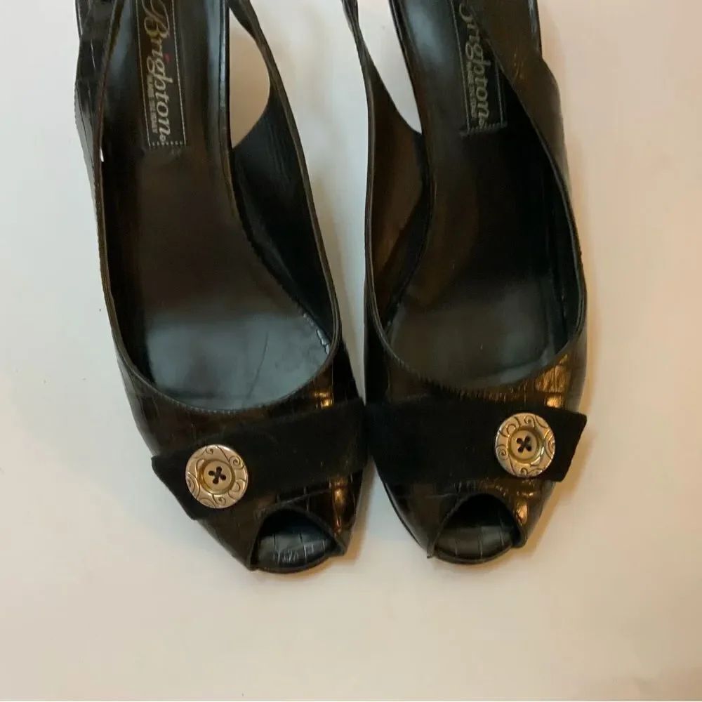 Brighton Nigel Peeptoe Slingback Wedge Shoes Brown Sz 7.5 M Made in Italy